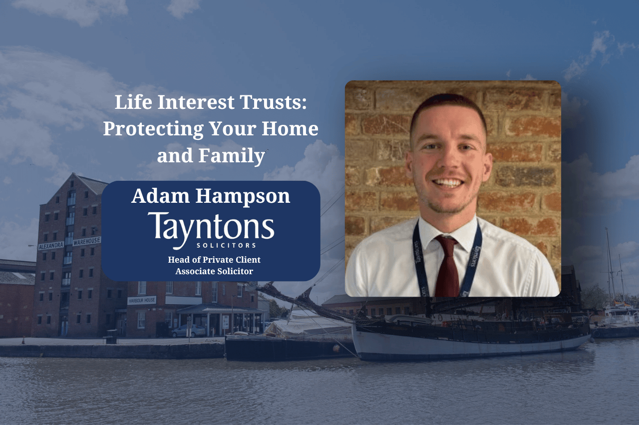 A man with short hair smiles in front of a brick wall. Text discusses life interest trusts.